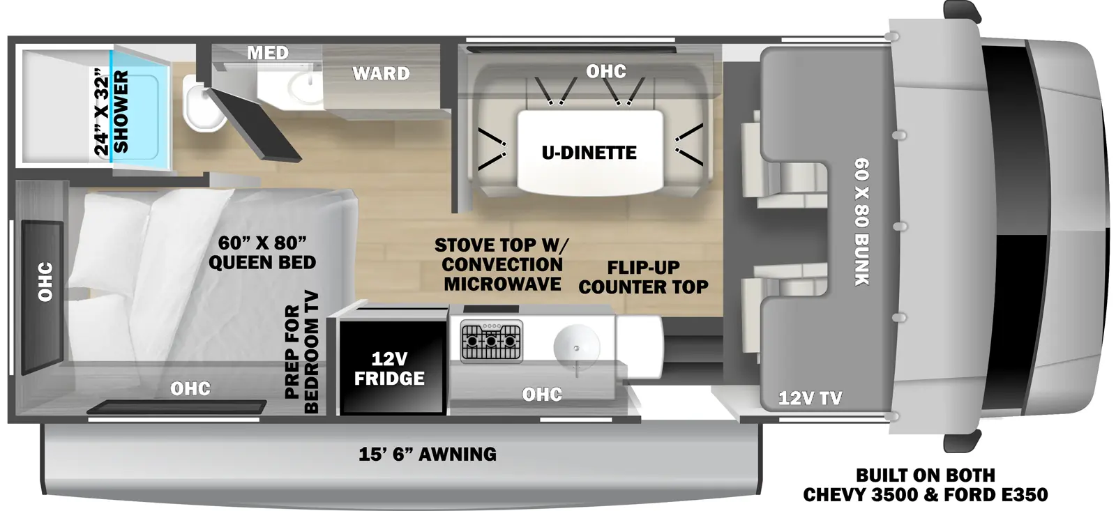 The 2351LE has no slide outs. Exterior features include a 15 ft. 6 in. awning and it is built on the Chevrolet 3500 chassis. Interior layout from front to back includes: front 60 x 80 cab over bunk with 12V TV; off-door side U-Dinette with overhead cabinet; door side kitchen with 12V refrigerator, stovetop with convection microwave, sink, overhead cabinet and countertop extension; wardrobe across from refrigerator; rear off-door side corner bathroom with 24 x 32 shower, toilet, vanity and medcine cabinet; door side corner 60 x 80 Queen bed with prep for bedroom TV.